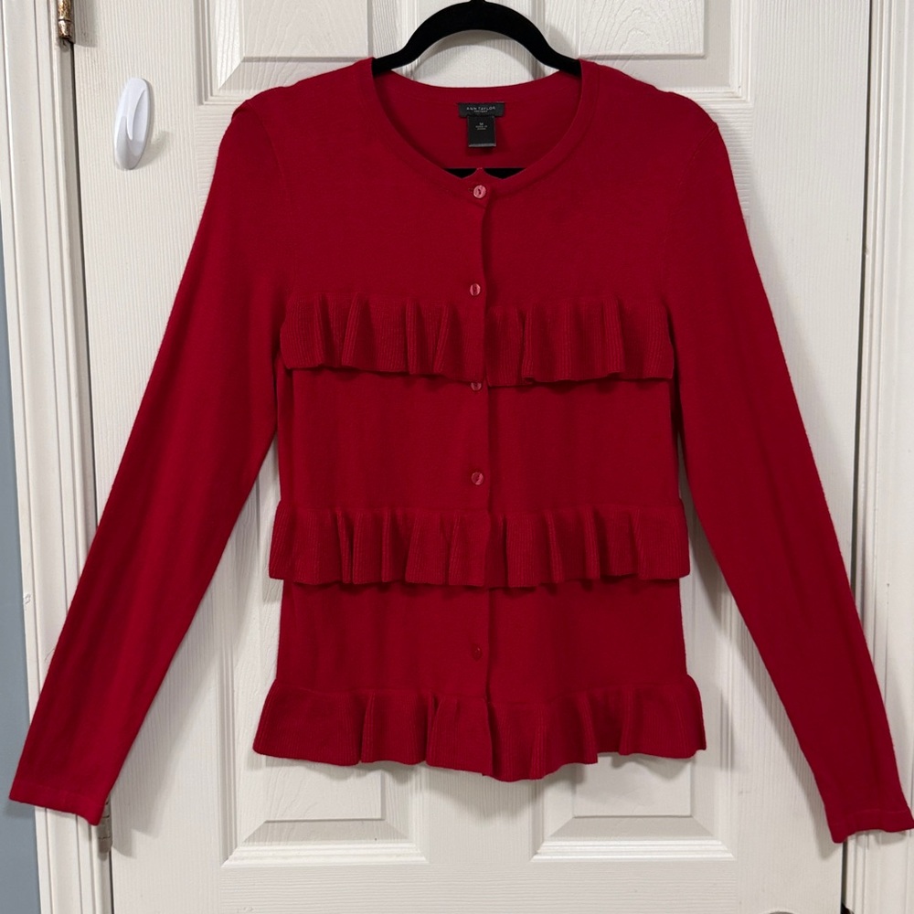 Ann Taylor Red Ruffled Button Down Sweater Holiday Cocktail Party Office - Picture 1 of 15